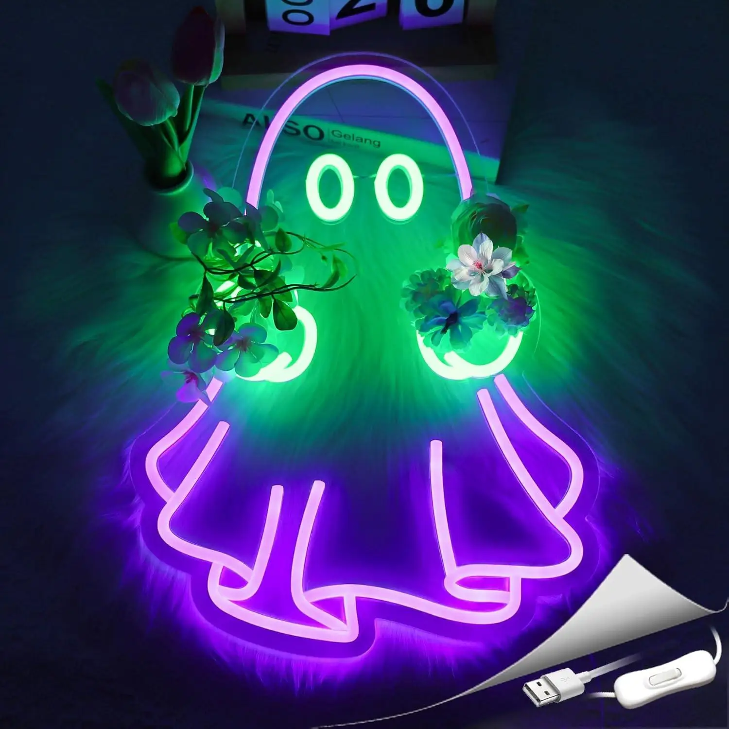Ghost Neon Sign USB Powered LED Dimmable Neon Lights for Home Bedroom Club Party Bar Shop Room Wall Art Decor Night Light