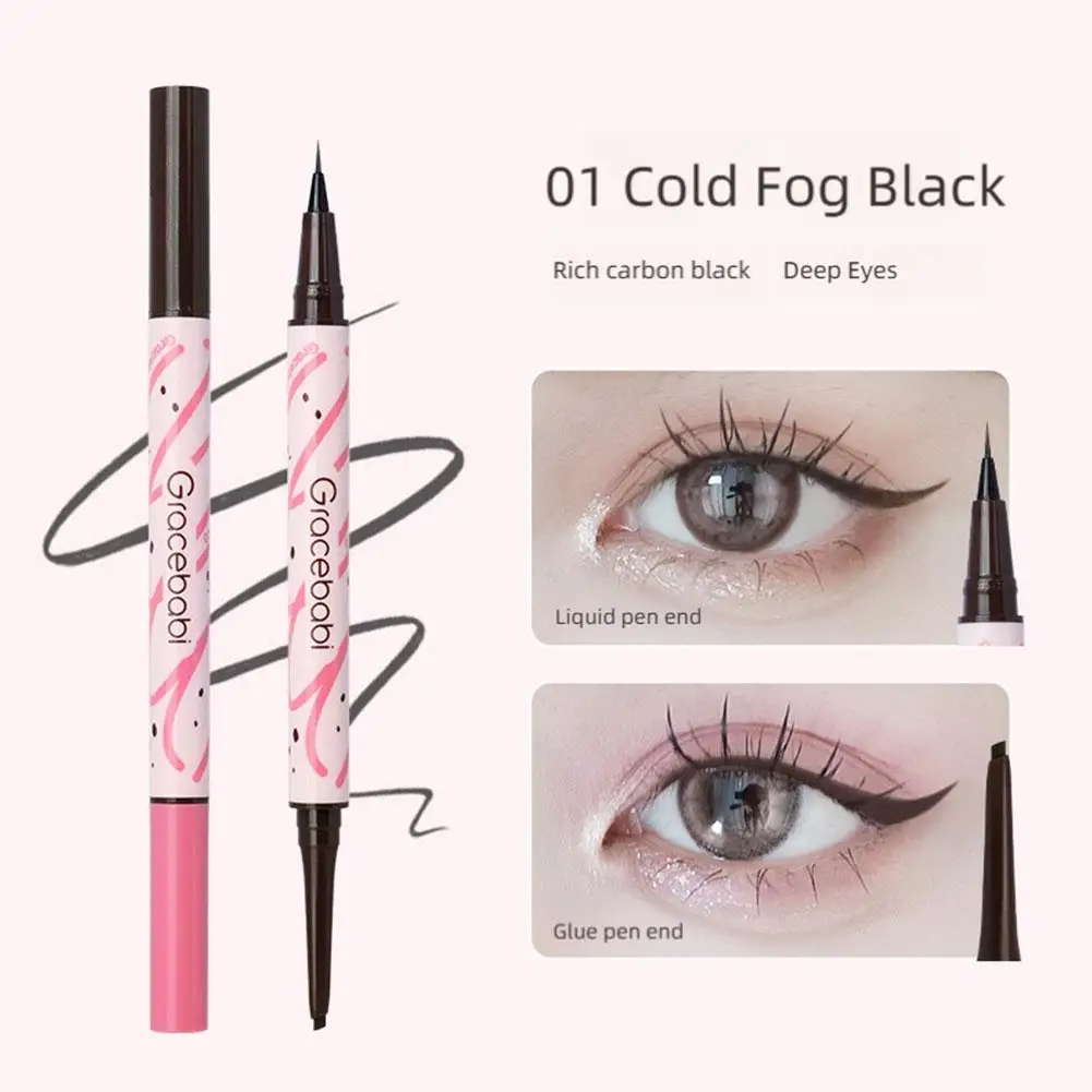 Eyeliner mit zwei Wirkungen, langlebig, kein leichtes Verschmieren, 2-in-1, innovatives, doppelköpfiges Design, Klebestift, flüssiger Stift, schwarzbraunes Augen-Make-up