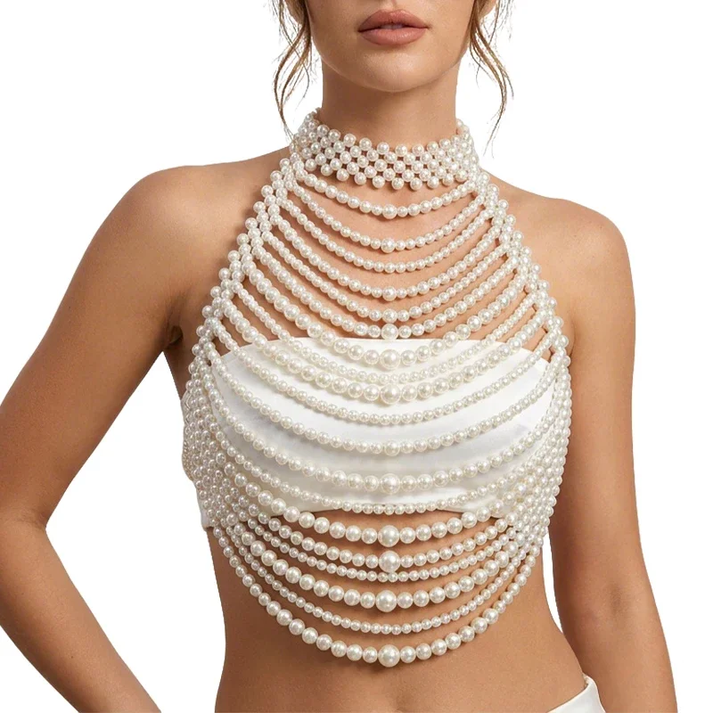 2026 Handmade White Pearl Multilayer Bridal Halter Neck Vest Body Chain Pearl Bralette Chest Harness Beaded Bra