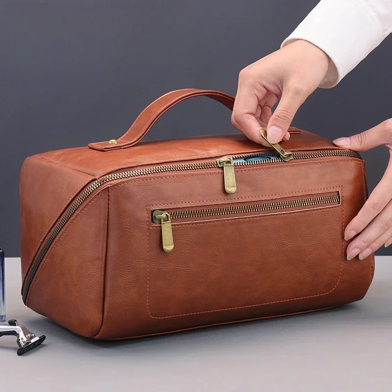 Makeup Bag Vintage PU Travel Organizer for Men Multi Pocket Handbag Waterproof Toiletry Bag for Business Trip Grooming