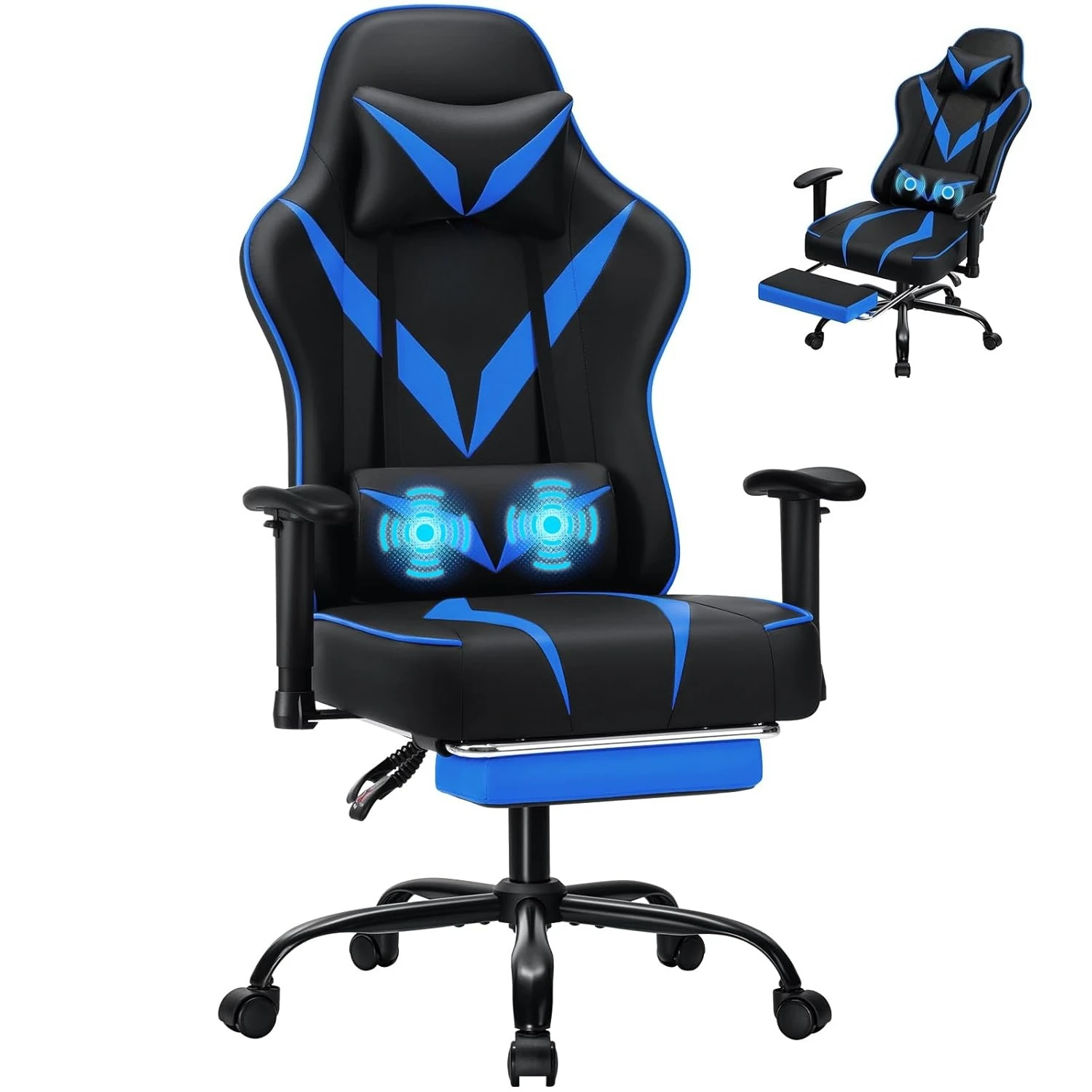 

Ergonomic Gaming Chair with Pocket Spring Cushion 155° Reclining Footrest Adjustable Armrests Home Office Blue Black Customized