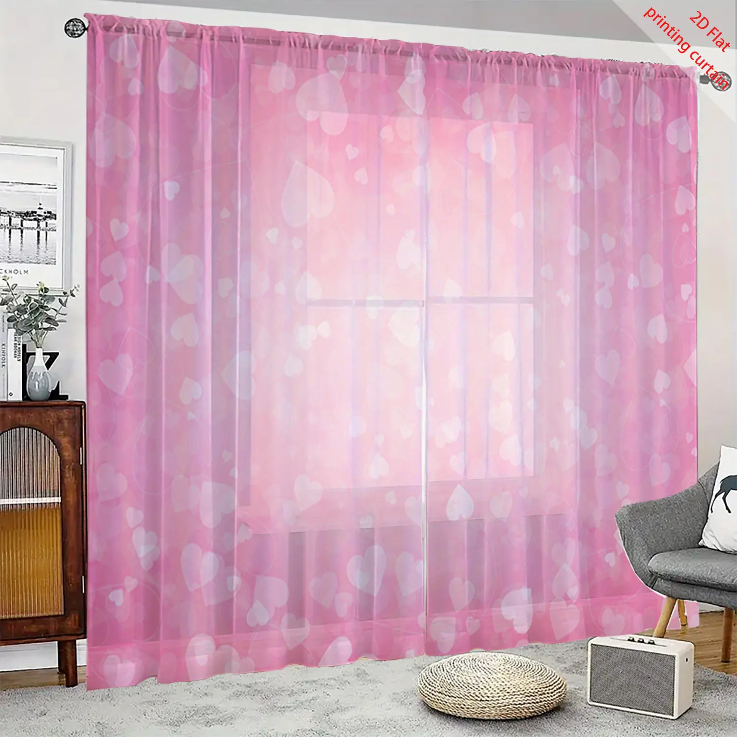 Heart shaped printed transparent gauze curtain, suitable for home decoration, suitable for living rooms, bedrooms, balconies