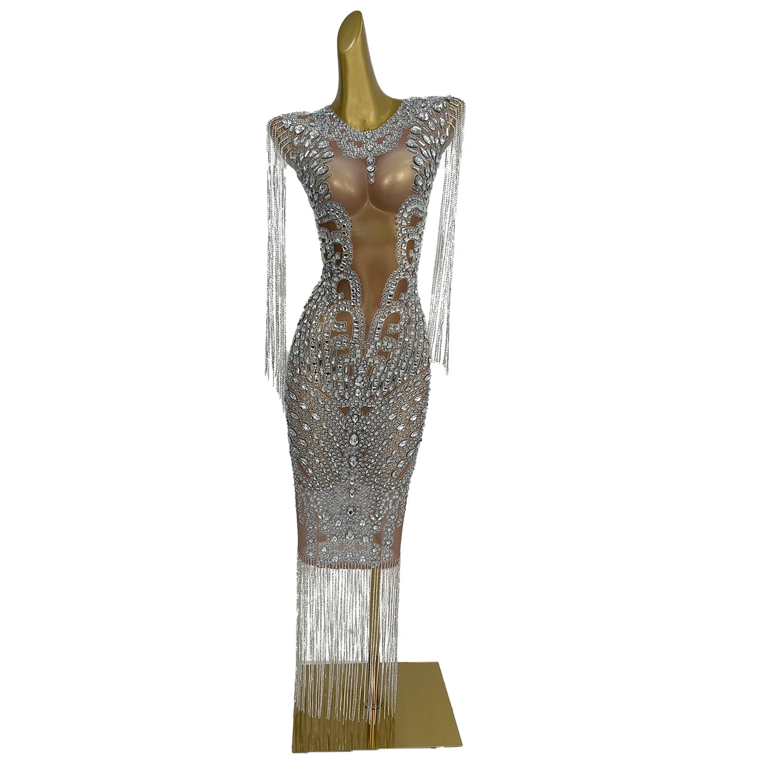 Vestido Sexy de noche para fiesta de celebración de cumpleaños para mujer, vestido de actuación de baile en escenario, vestido de malla transparente con borlas y diamantes de imitación plateados Bajiao