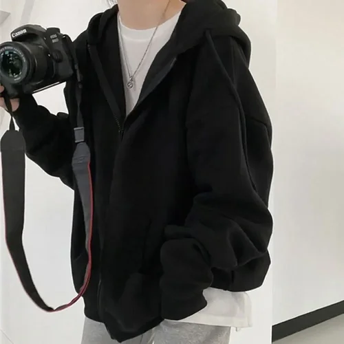 Imagen 2 del producto Sudaderas con capucha lisas para mujer, abrigo básico Harajuku de manga larga para primavera y otoño, sudaderas informales holgadas con cremallera de gran tamaño, chaqueta con bolsillo