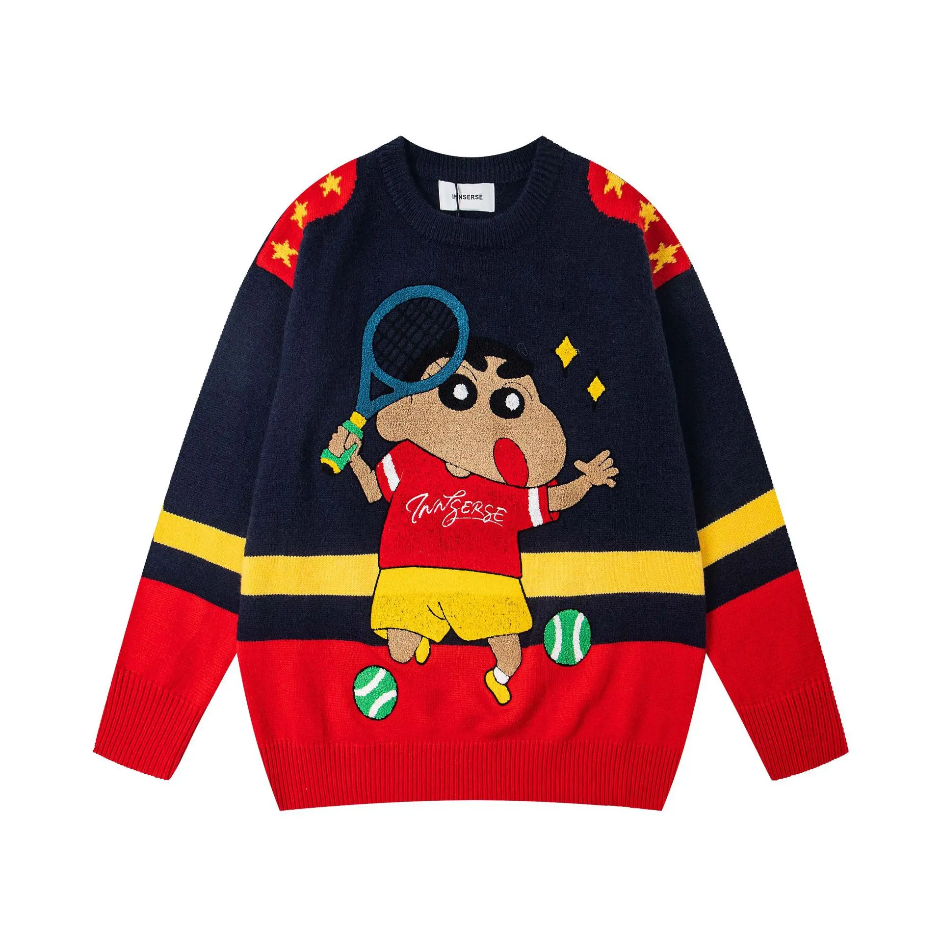 

American Retro Fun Cartoon Jacquard Color Block Sweater Oversize Lazy Style Unisex Knit