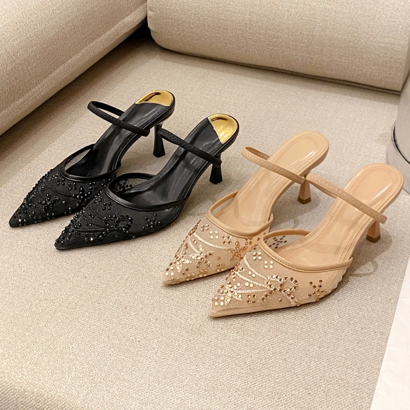 

New Summer Women's High-heeled Sandals, Fashionable Pointed Toe, Embroidered Rhinestone, Sexy and Versatile Sandals