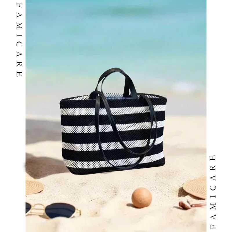 

2025 New Trendy Striped Woven Tote Bag Women Beach Handbag Female Large Capacity Casual Lazy Style Commuter Shoulder Bag Summer