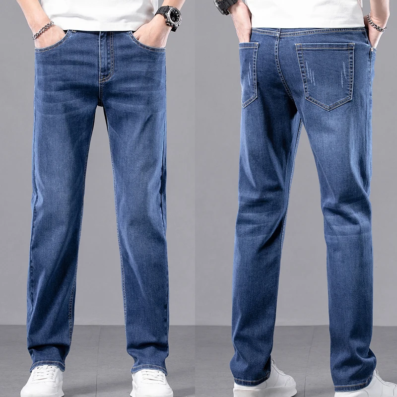 

Весенне-летние мужские светло-голубые джинсы slim fit, стильные повседневные брюки из эластичного денима, классические брюки дымчато-серого цвета