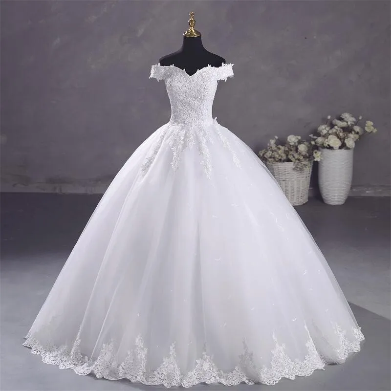 Ashley Gloria Pure White Wedding Dresses Elegant Boat Neck Ball Gown Simple Vestido De Noiva Plus Size Robe De Mariee