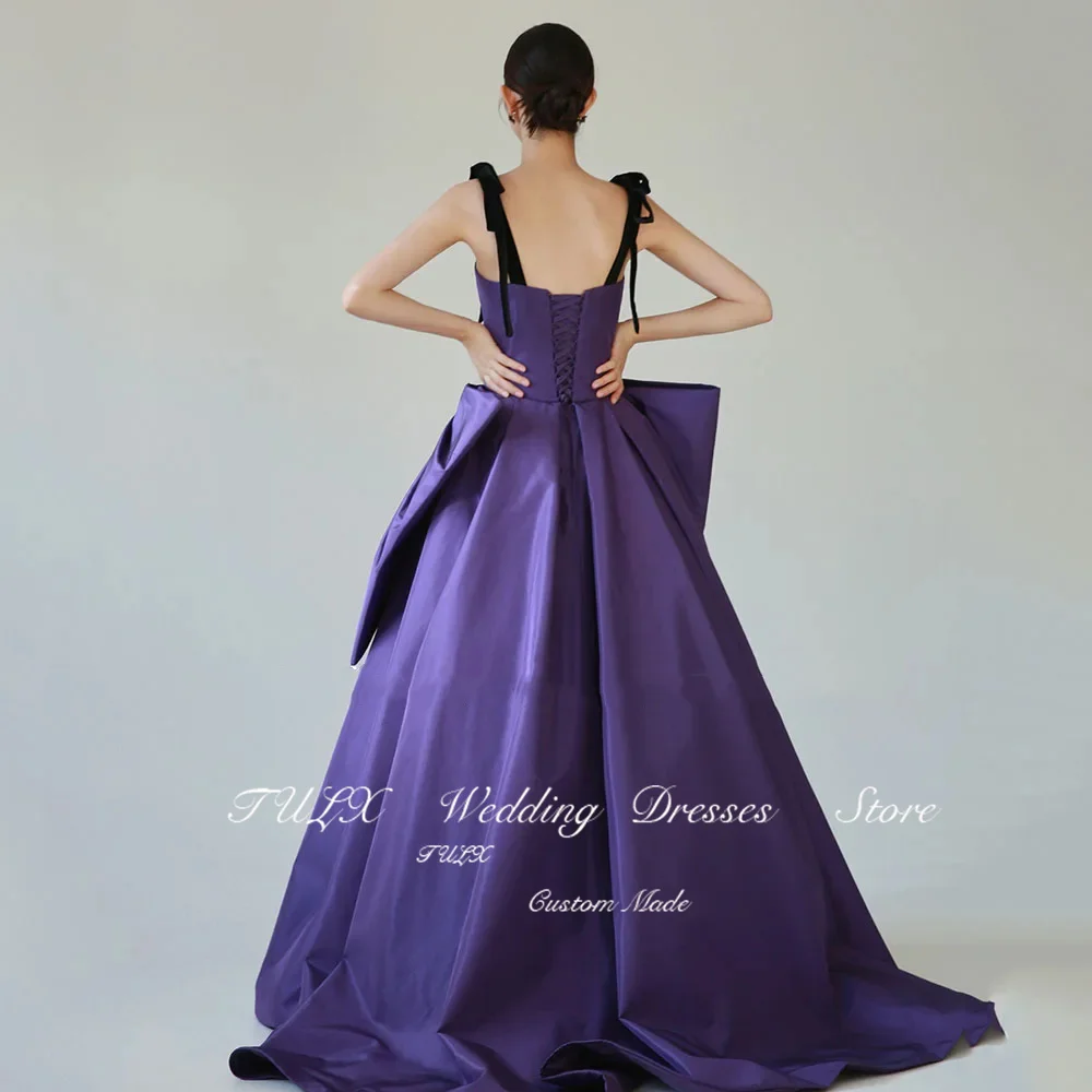 TULX Square Neck Purple Korea Evening Dresses Black Straps Satin Evening Gown Photo Shoot Corset Sleeveless Birthday Party Dress