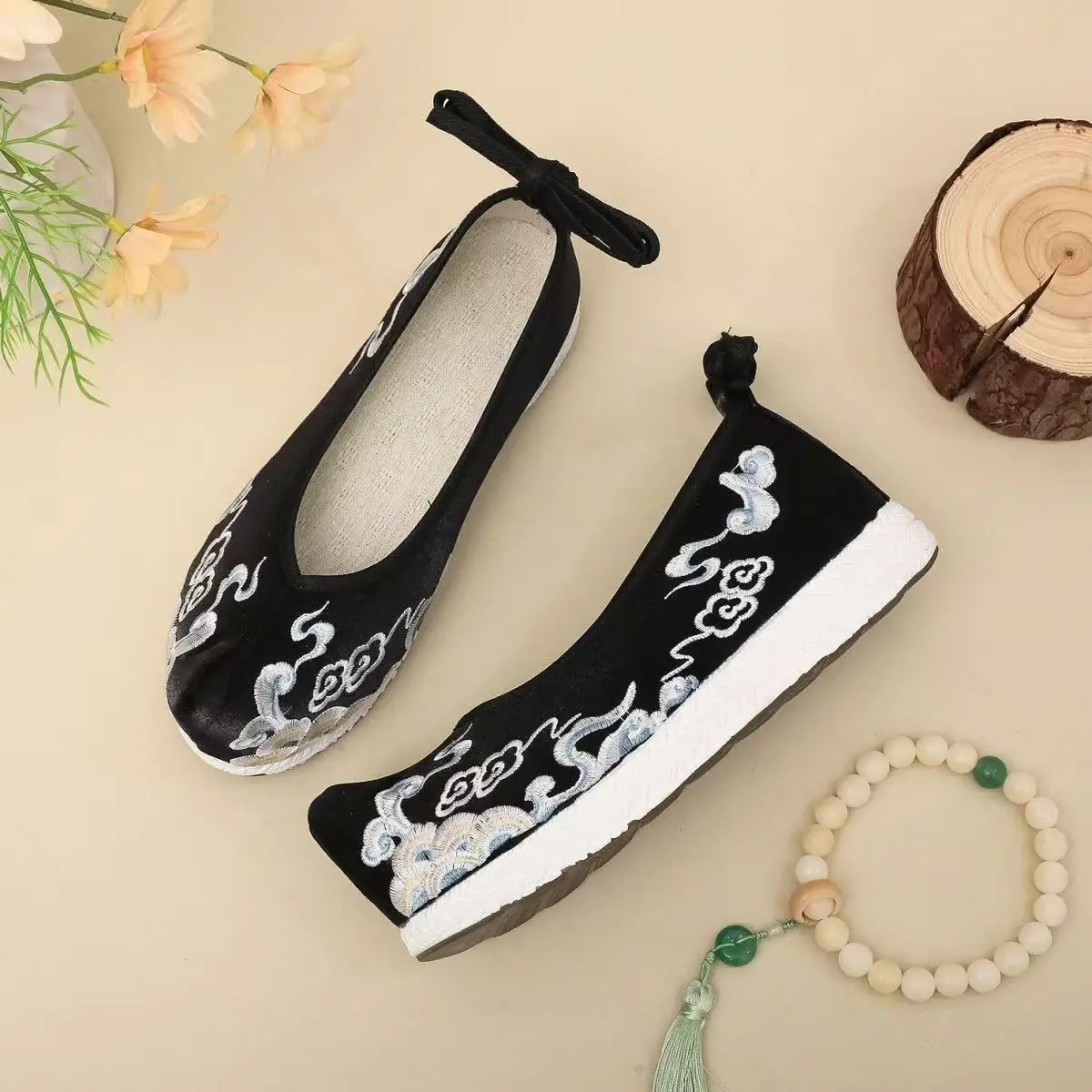 Woman Big Size Embroidered Hanfu Shoes Flat Sole Non Slip Shallow Ankle Strap Ethnic Style Cocked Shoe Toe Horse Face Skirt Shoe image 5