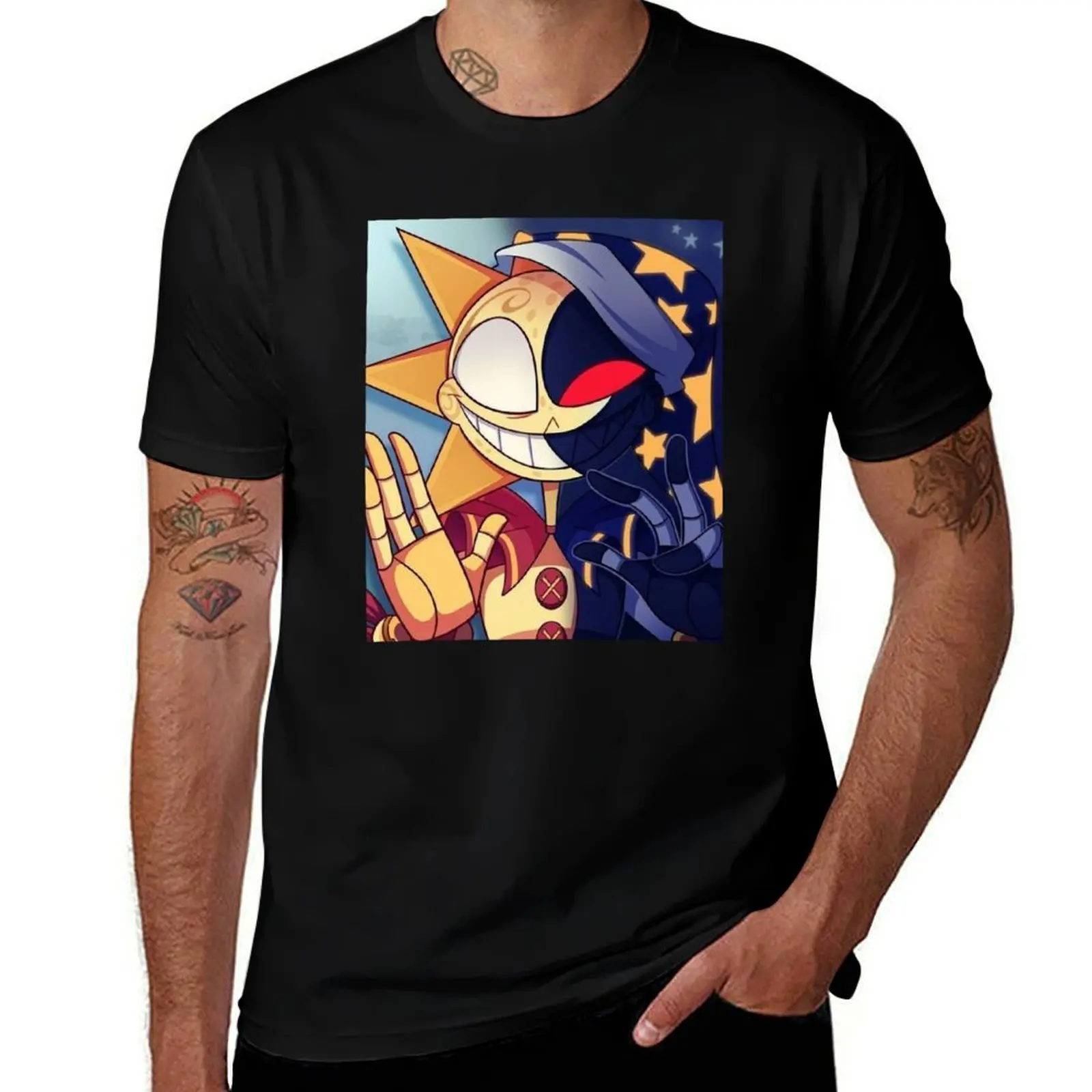 

sun and moon from fnaf game series T-Shirt valentines clothes gifts for boyfriend custom t shirt mens graphic t-shirts hip hop