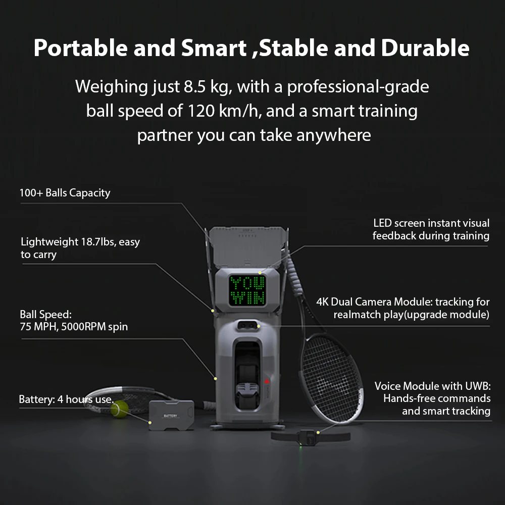 2026 New Design AI Tenniix Tennis Ball Shooting Machine Visual Tracking AI Coach Tennis Ball Laucher Tennis Robot view 2
