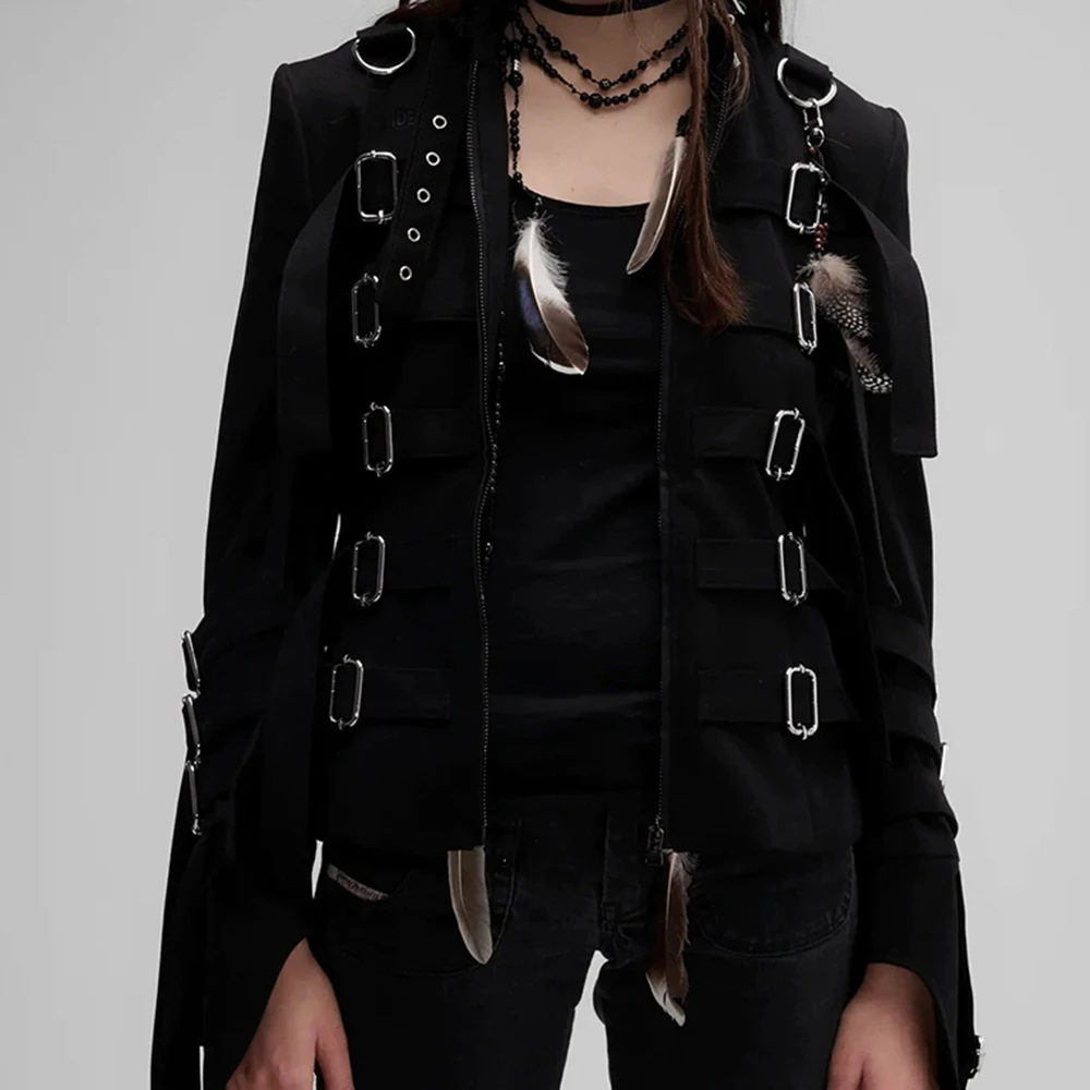 Autumn and winter new style gothic metal buckle design y2k dark slim-fitting belt jacket