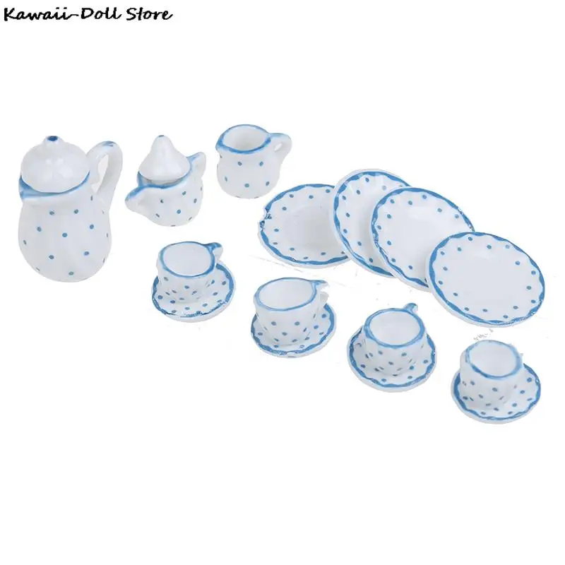 15Pcs 1/12 Dollhouse Miniature Ceramic Tea Cup Tableware Set Kitchen Flower Patten Porcelain Coffee Cup Pot Accessories Kids Toy