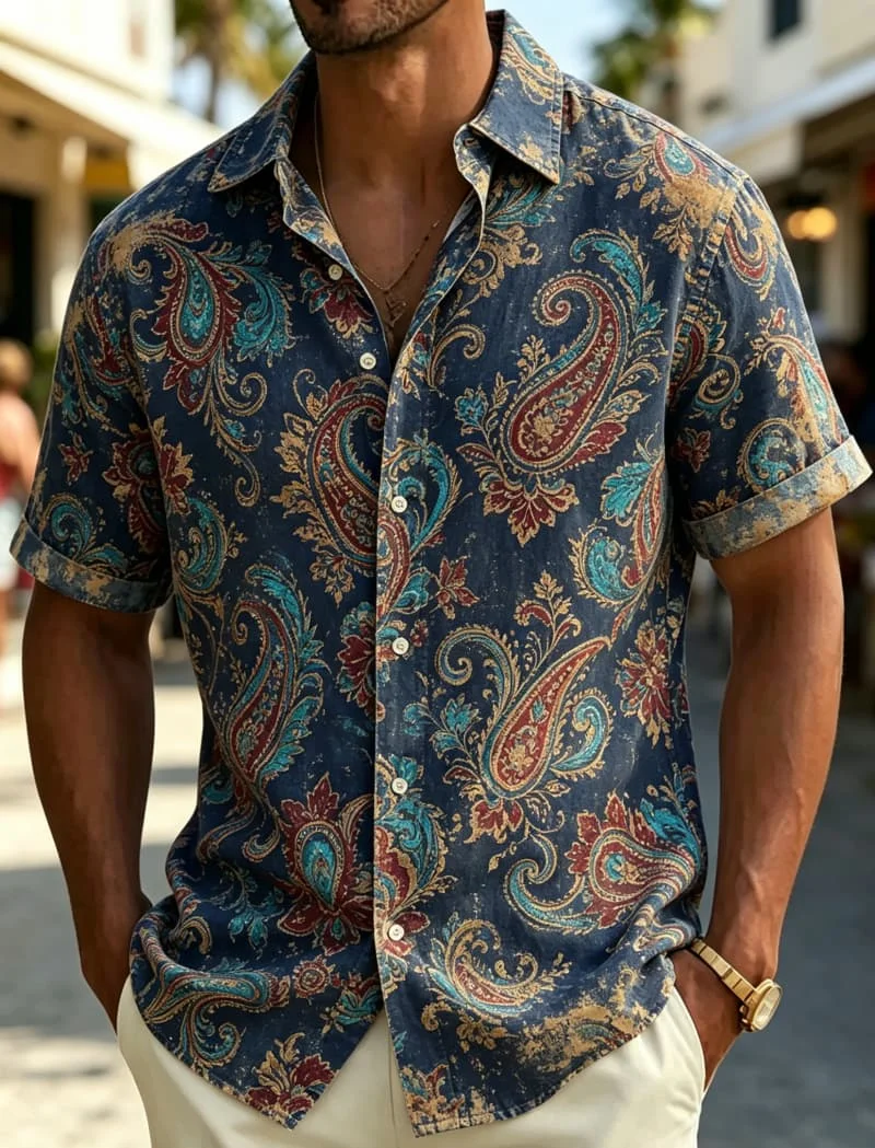 Exotisches Bohemian-Print-Kurzarmhemd für Herren, lässiges Oberteil im Retro-Urlaubsstil, geeignet für personalisierte Streetwear.
