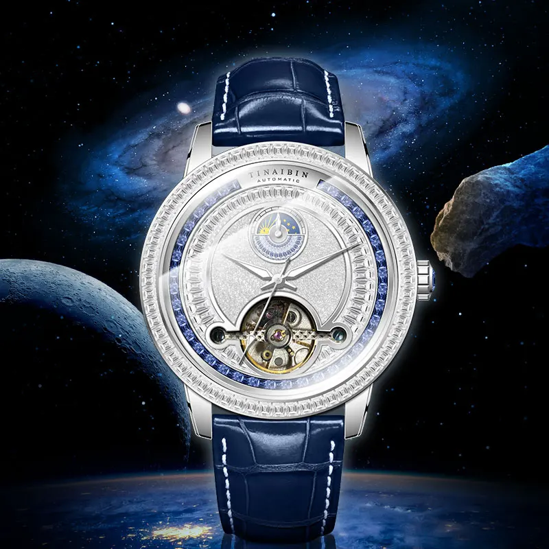 Tourbillon Diamond Sapphire Men's Watches Automatic Leather Strap Sapphire Luxury Top Mechanical Wristwatches