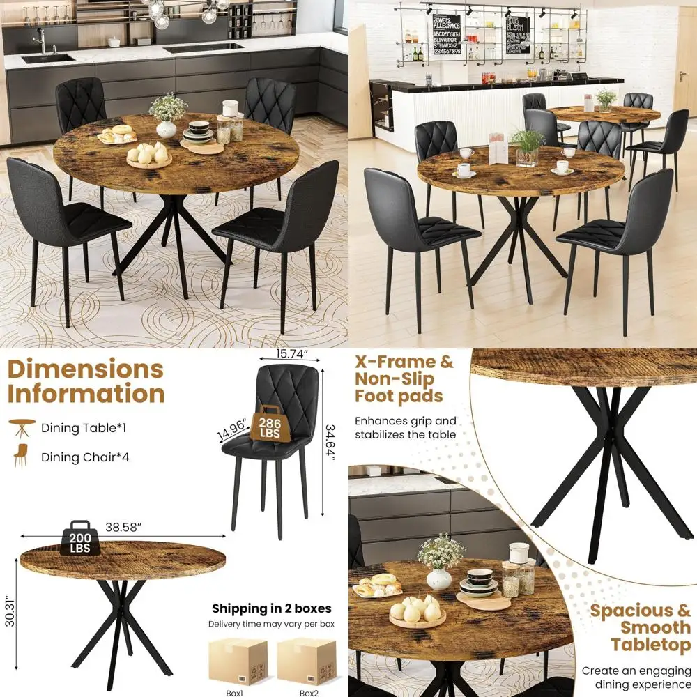 Modern 5-Piece Round Dining Set for 4 with Black PU Leather Chairs, Small Circular Brown Kitchen Table, Ideal for Breakfast Nook