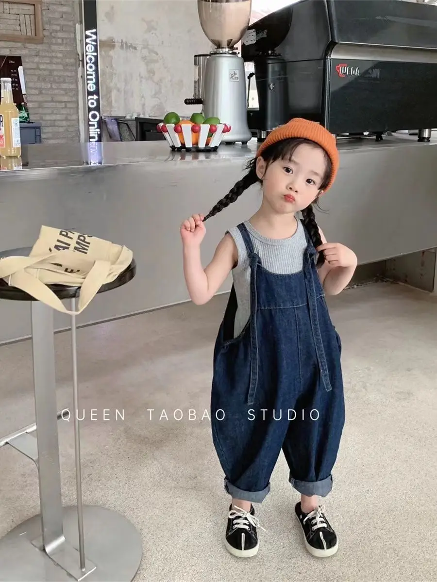 

Children Pants 2024 Spring Autumn New Korean Fashionable Boys and Girls Denim Camisole Suspender Pants Loose and Versatile