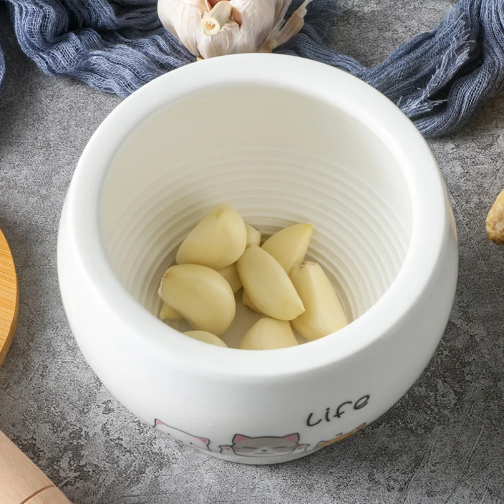 Tarro de cerámica multifuncional para moler ajo, machacador de ajo con patrón de gato de dibujos animados para el hogar con tapa, condimento para tarro de ajo