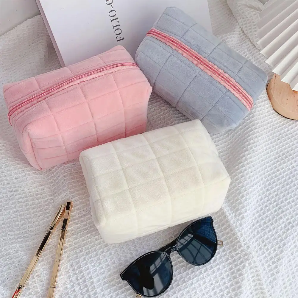 Cute Plush Makeup Bag For Women Portable Velvet Cosmetic Pouch Quilted Pillow Toiletry Storage Bag Travel Organizer