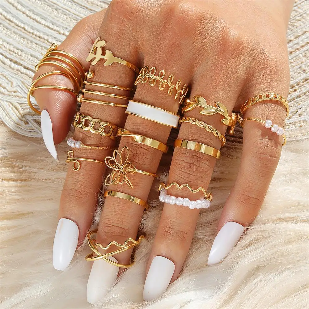 EN Bohemian Vintage Pearl Ring Set For Women Gold Color Boho Flower Leaf Geometric Rings Retro Fashion Jewelry Gift