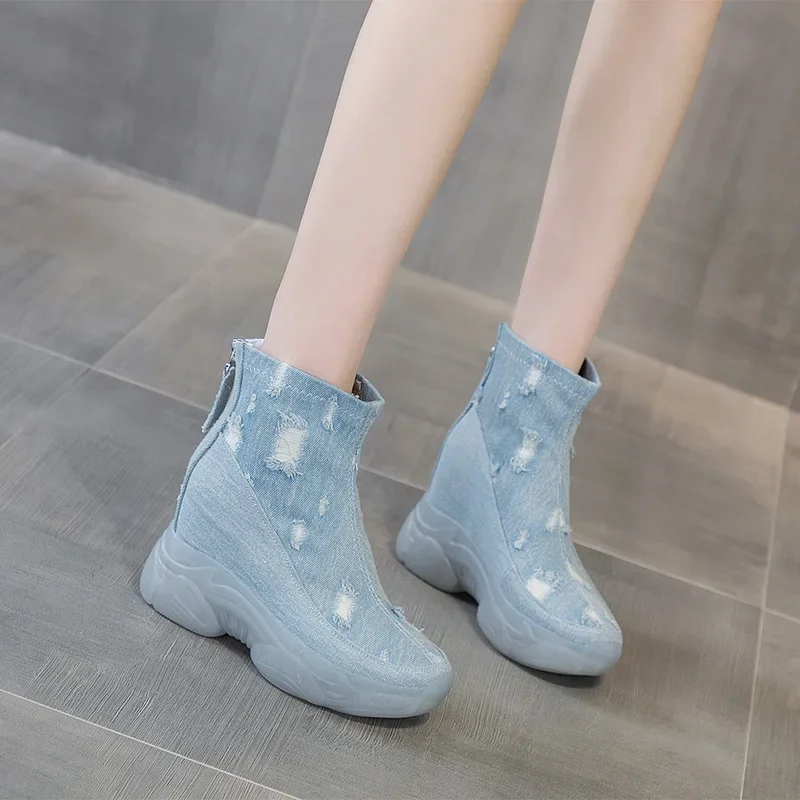 Women Ankle Boots Platform Shoes Wedge High Heel Denim Zip Women Booties Spring Autumn Summer Shoes Fashion Booties 2024