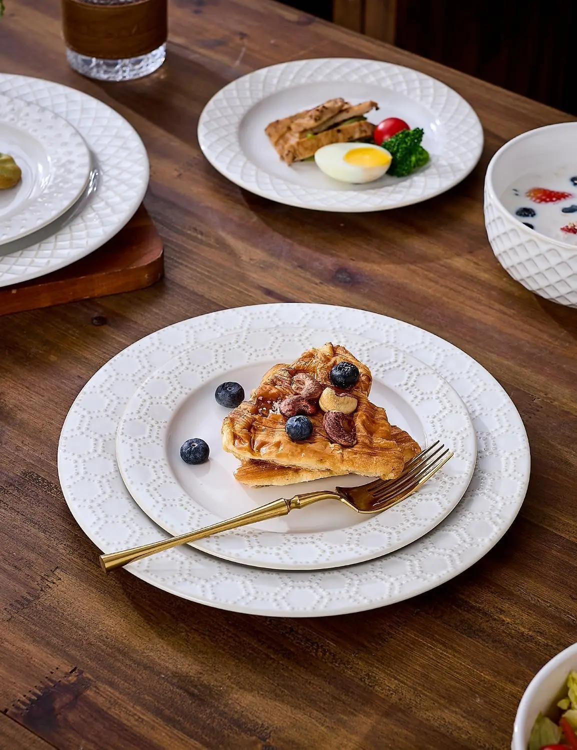 أطباق عشاء سيراميك 10.4 بوصة، مجموعة من 4 قطع، طقم أطباق سيراميك للمطبخ، طبق تقديم منقوش لمقبلة الحلوى، غسالة الأطباق وO