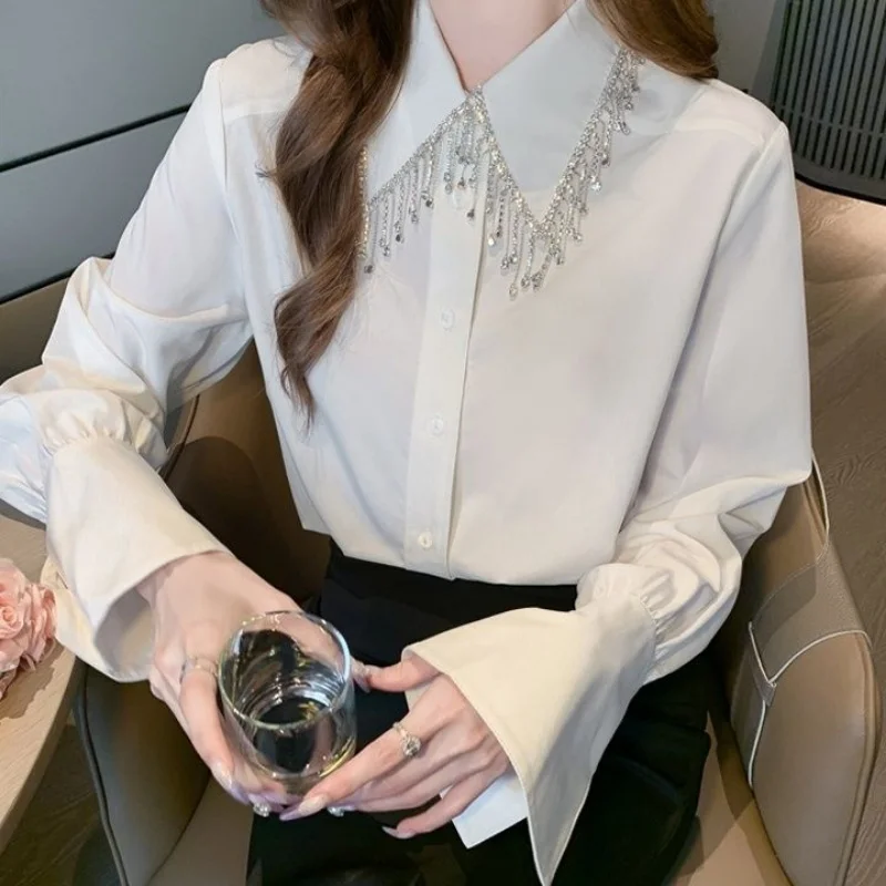 Women\'s Korean Luxury Tassel Diamonds Button Shirt Office Lady Elegant Chic Business Casual Blouse Black White Long Sleeve Tops