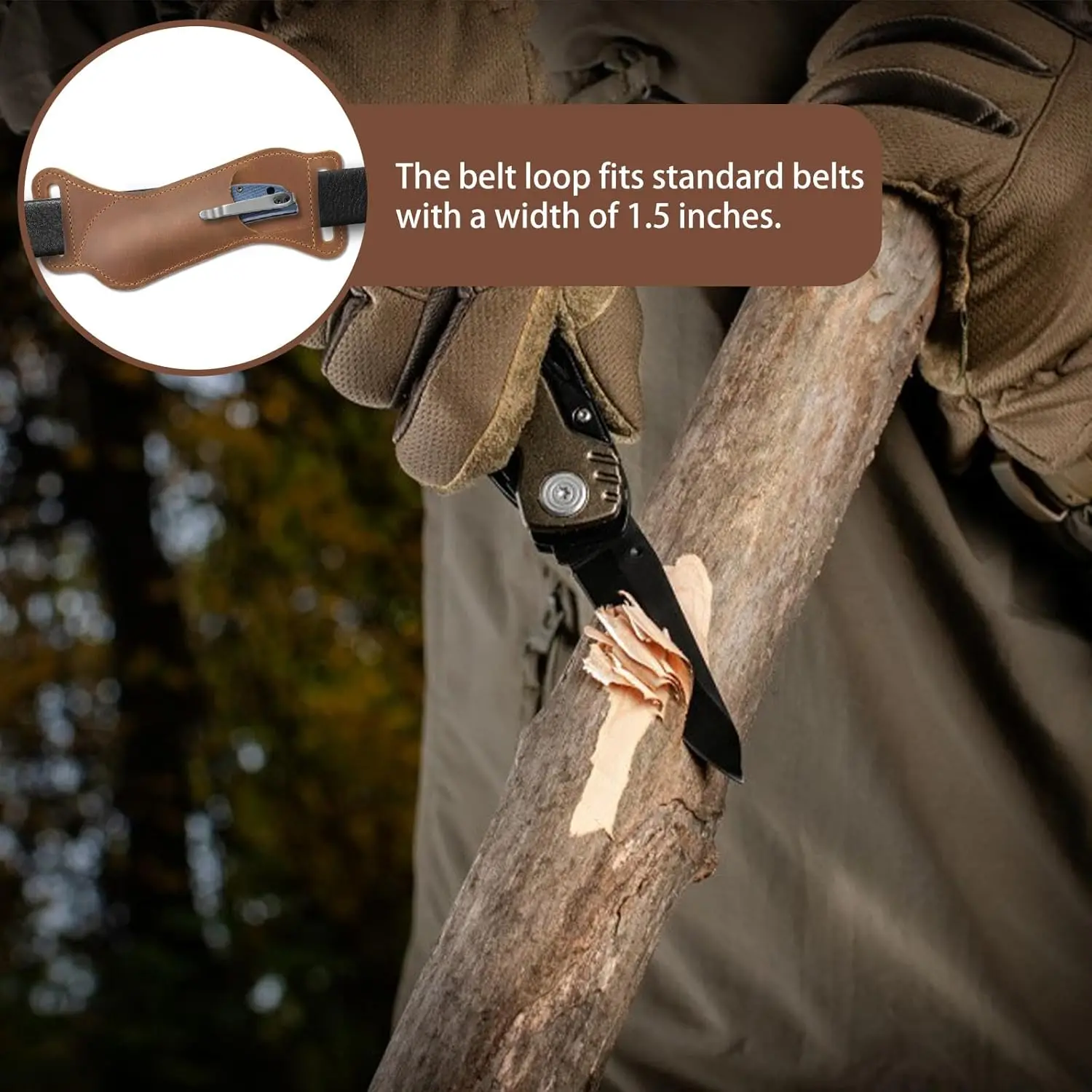 Leder-Messerscheide für Gürtel mit Clip, horizontale Klappmesserhülle, braune Leder-Taschenmesserhalterung für die Jagd im Freien – Detail 3