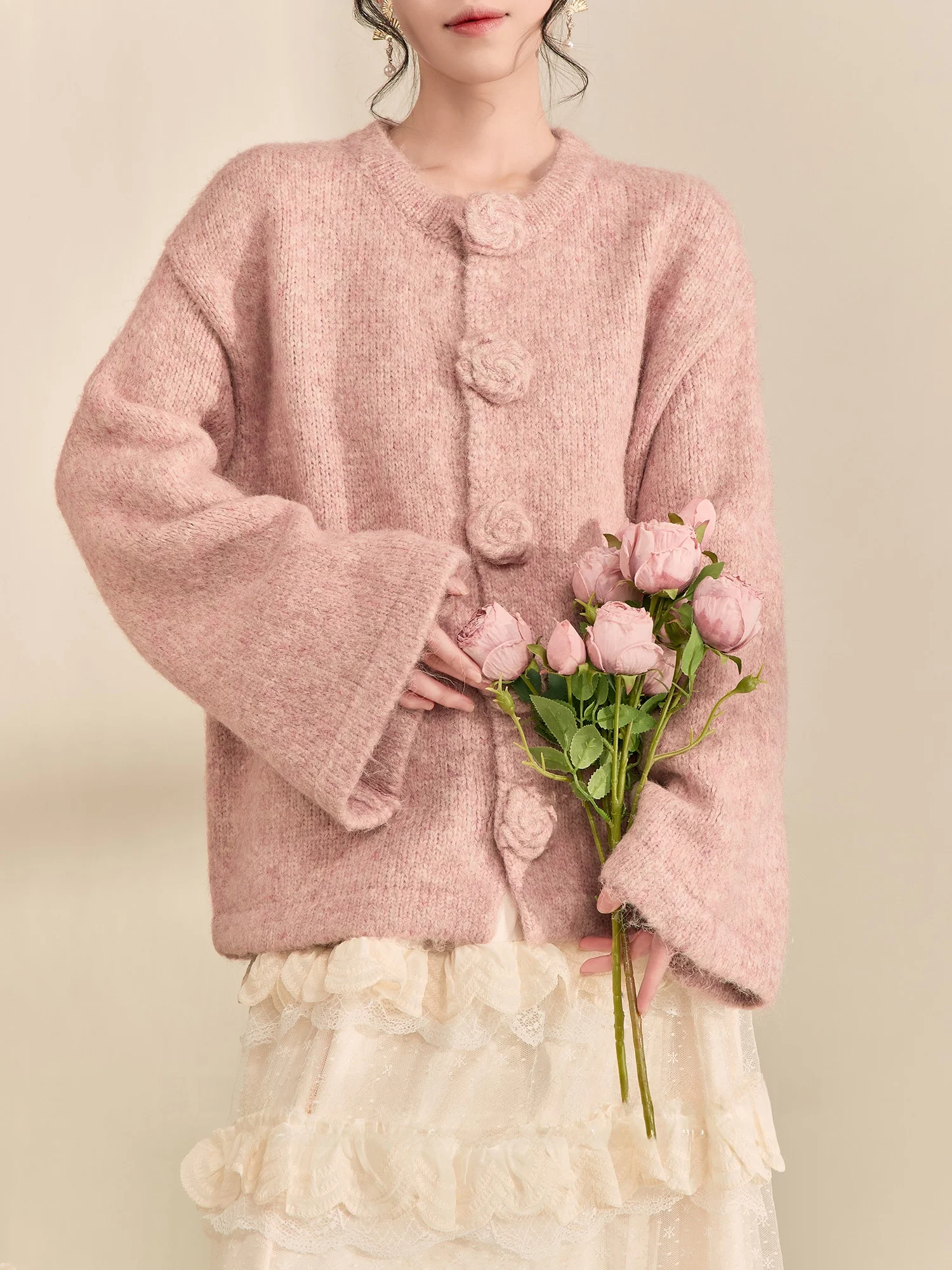 

Вязаный свободный свитер ручной работы с розовым узором, розовый FlowingEra, повседневная одежда Long Sve, круглая верхняя одежда из смеси полиэстера