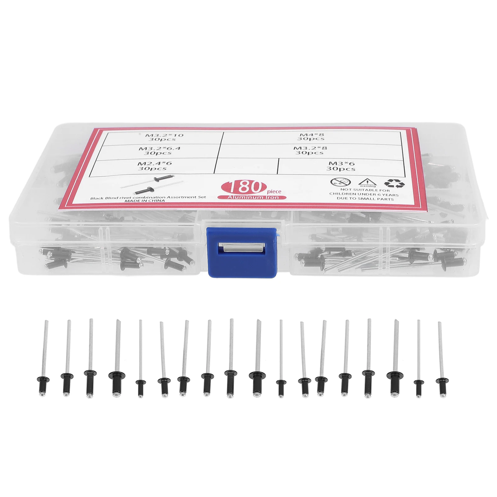 

180pcs Aluminum Rivet Set Blind With Flange Black Assortment Pop Rivets Kit Long Grip Storage Box Included For Indoor