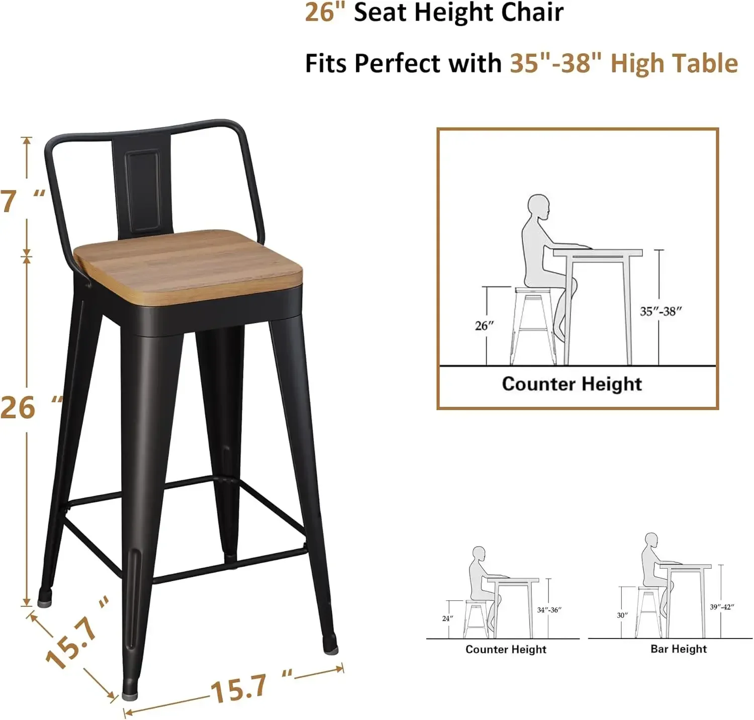 Bangku Bar logam Set 4 bangku Bar tinggi bangku dengan punggung dapat dilepas 26 "dapur Bar bangku dengan kursi kayu, HITAM