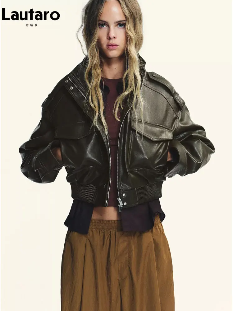 

Lautaro Spring Autumn Short Cool Pu Leather Jacket Women Stand Collar Pockets High Waist Luxury Designer Zip Up Clothes 2026
