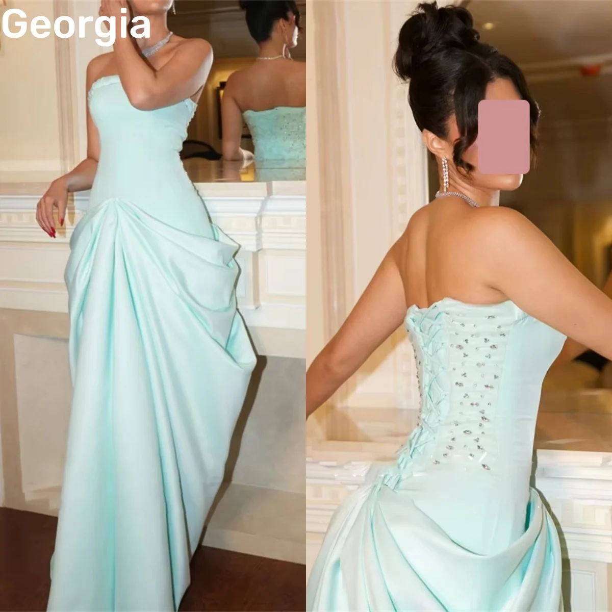 

Elegant Customize Luxury Evening Dresses Sky Green A-Line Strapless Floor-Length Dresses For Prom Ruffle Zipper Up Wedding Party