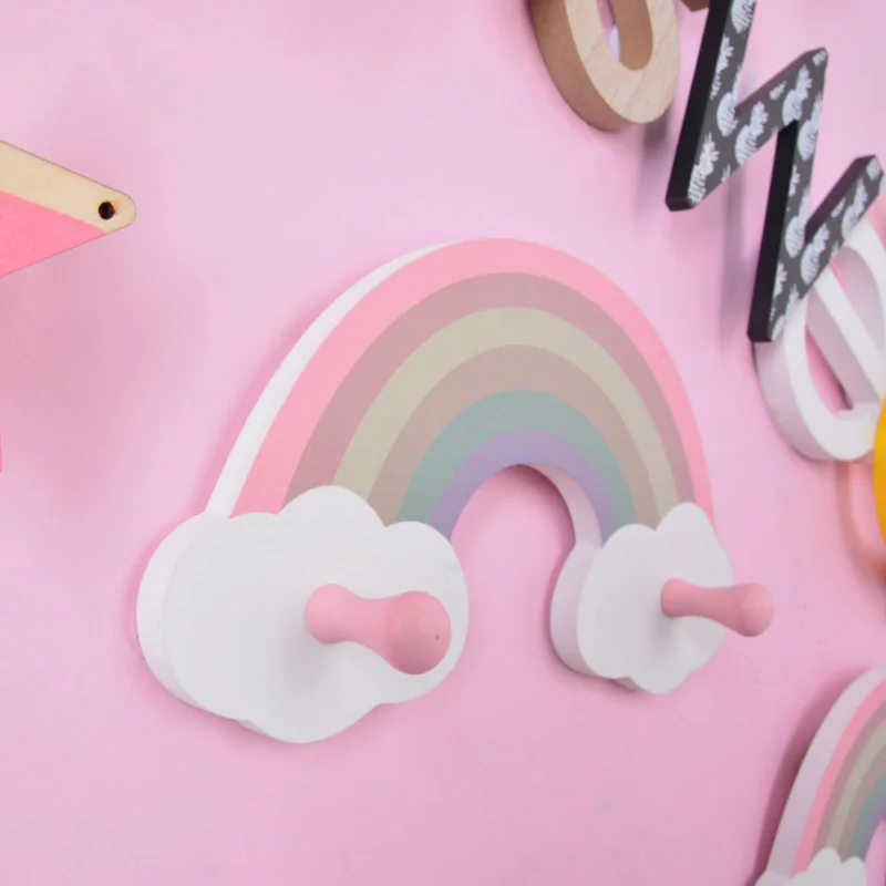 Cute Rainbow Kids Room Hook Wall Mounted Key Holder Wood Wall Hanger Girls Bedroom Decoration Hooks Clothes Sundries Organizer