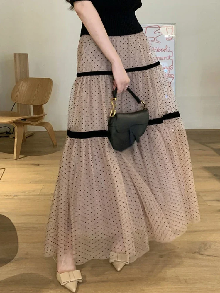 Korobov Polka Dot Gauze A-line Skirt Female Summer Long Temperament Shaggy Skirt Sweet Cake Long Dress Korean Fashion Faldas