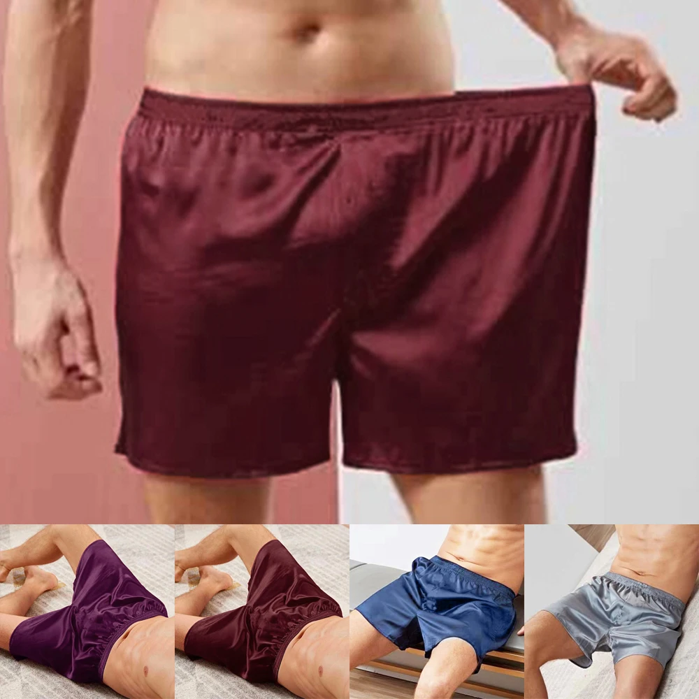 Men's Sexy Smooth Silk Satin Pajamas Shorts Nightwear Pajamas Pants Sleep Bottoms Home Loose Male Soft Sleep Lounge images - 6