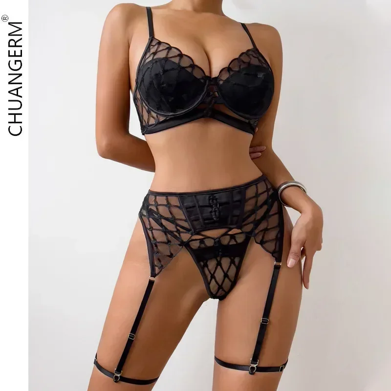 

CHUANGERM Womens Sexy Erotic Lingerie Set Cut Out Lace See-Through Transparent Bra Belt Underwear Intimat Porn Onlyfans Kit