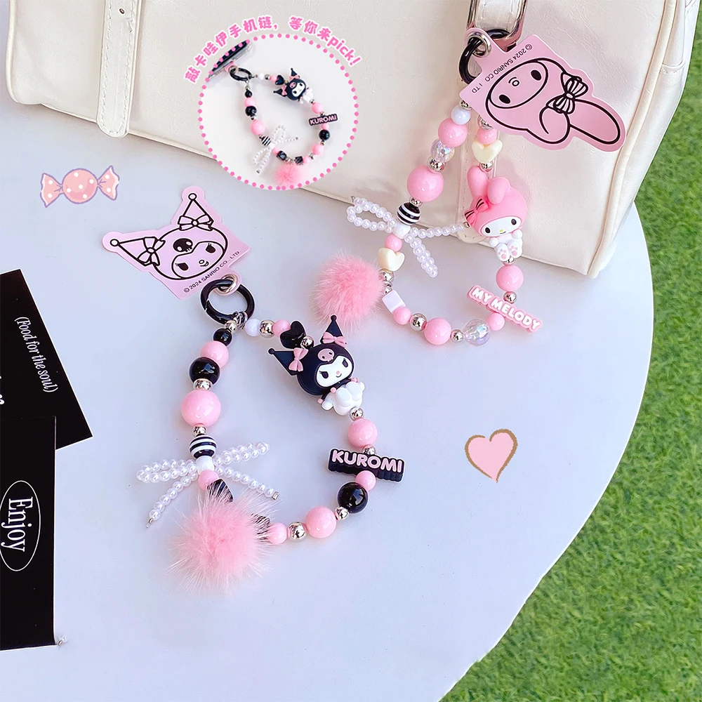 Sanrio Kuromi Phone Chain Anime My Melody Beaded Backpack Pendant Kawaii  Keychain Cute Mobile Case Accessories Gift