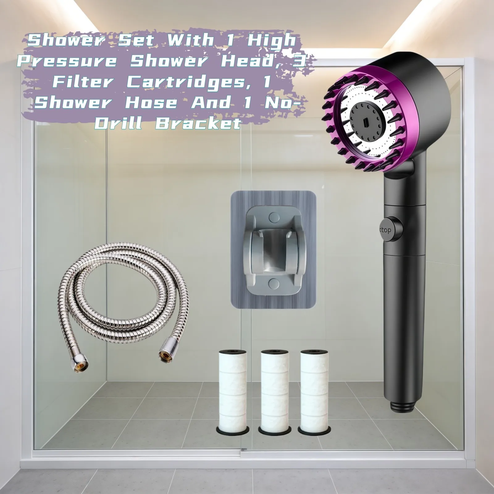 

6PCS Black Purple High Pressure Water Saving Shower Head Set 3 Modes Adjustable with 3 Filter Shower Hose No Drill Bracket