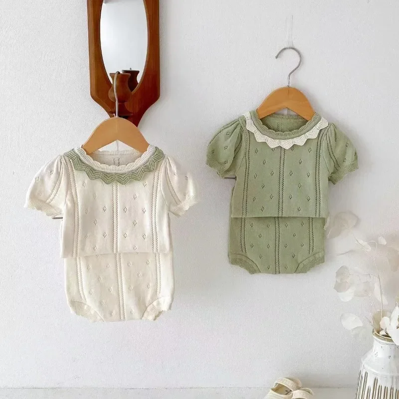 New Summer Autumn 0-3T Infant Baby Girls Knitted Clothing Set Short Sleeved Pullover Tops+Shorts Korean Style Baby Clothes Suit