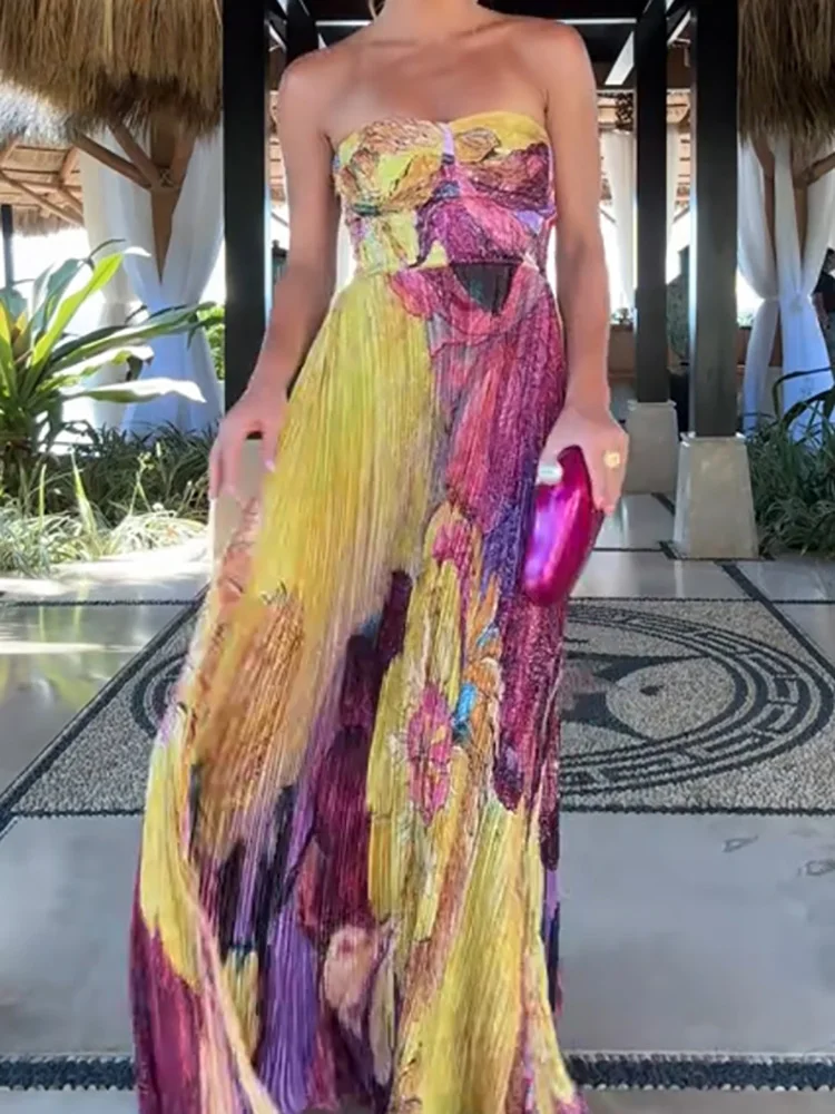 เซ็กซี่Backless Patchworkพิมพ์ชุดMaxi Chic Partyผู้หญิงพับชุดยาวหญิงสบายๆSlim Fitชุดชายหาดฤดูร้อน