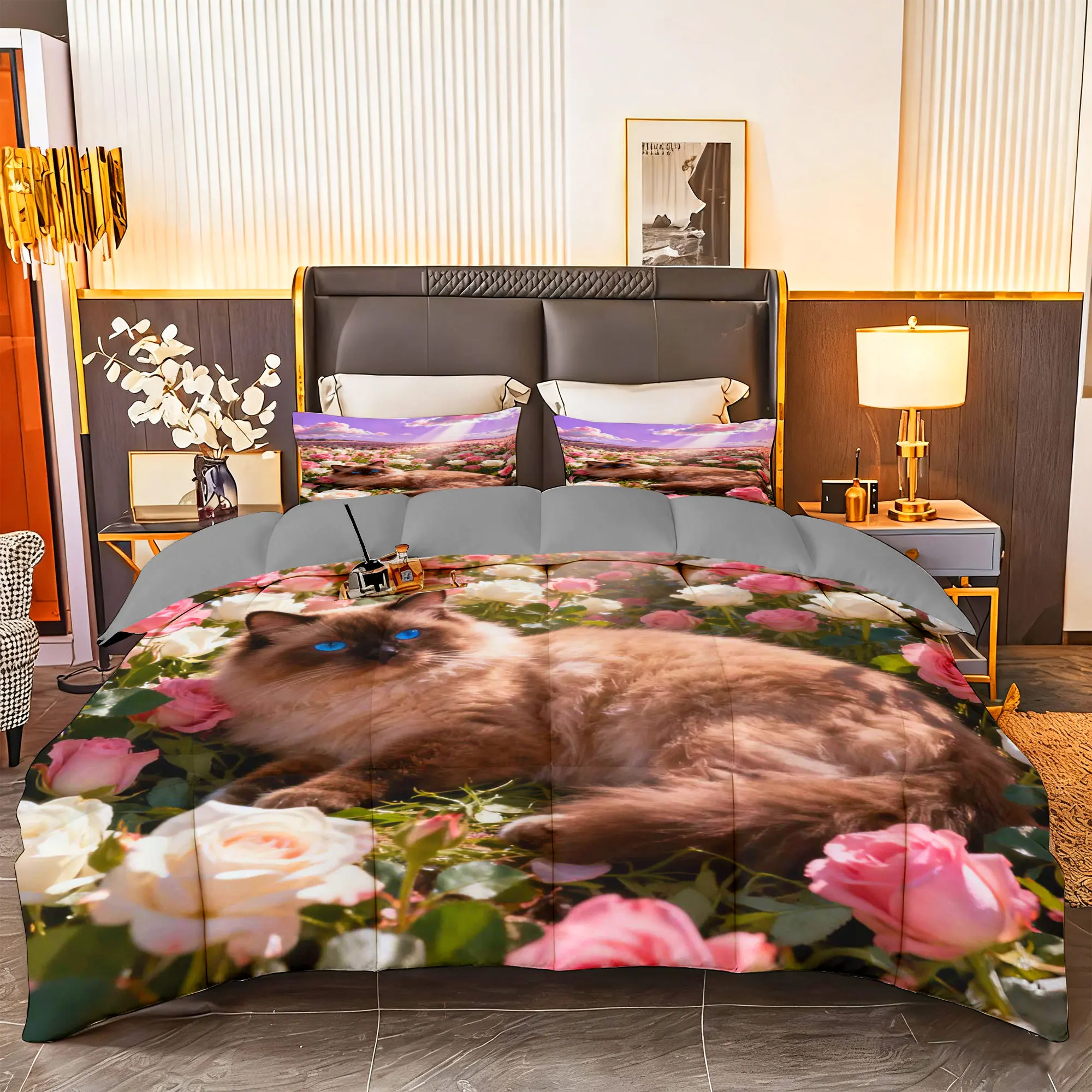 

3pcs Cat and Rose Comforter Bedding Set-1pc Comforter + 2pcs Pillowcases Soft Breathable for Home Decor（Style 04）