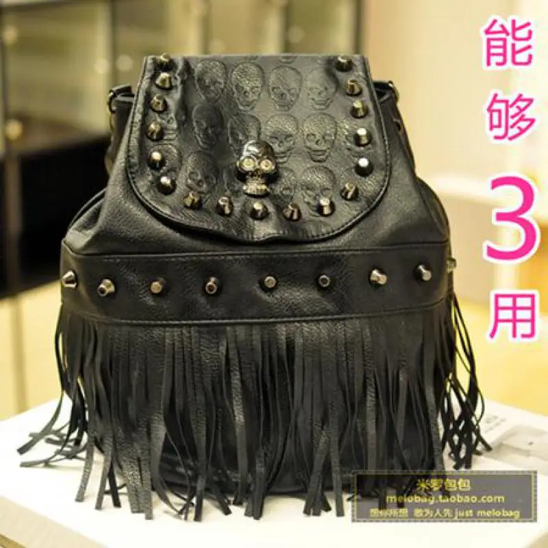 New Fashion Skull Tassel Rivet Bucket Shaped Backpack European And American Retro Single Shoulder Crossbody Bag For Women Trendy