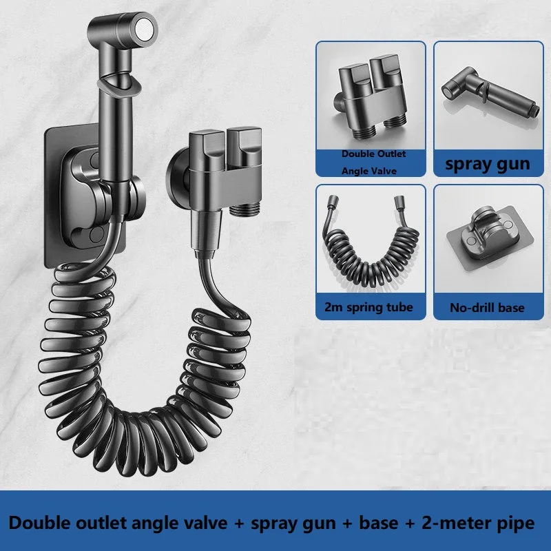 4-Piece Bathroom Cleaning Set, Handheld Cleaning Spray Gun, 2-Meter Extension Hose, Hole-Free Base, Double Outlet Angle Valve