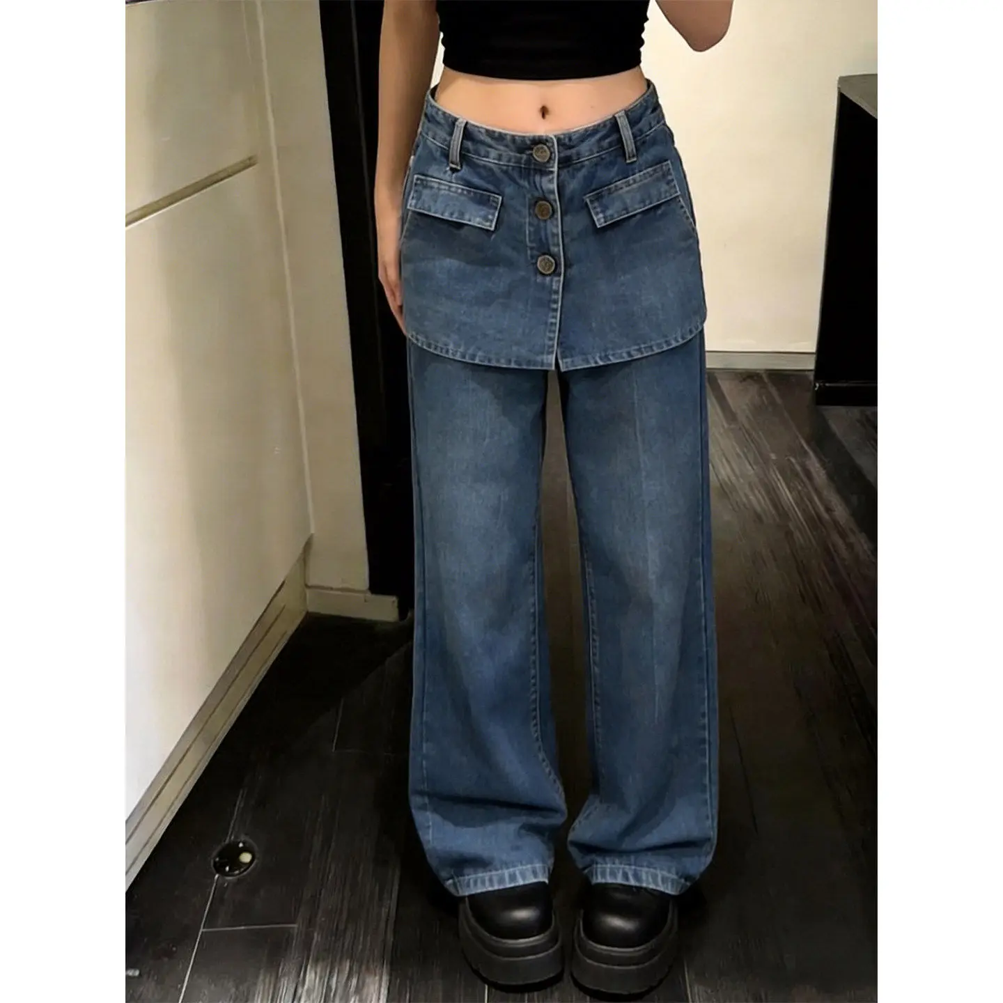 Harajuku Chic Blue Denim Skirt Overlay Wide Leg Pants High Waist Button Detail Layered Jeans For Women Streetwear Trendy Outfits