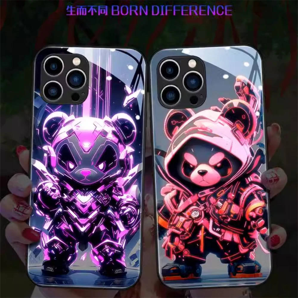 So Cool Panda Warrior Design LED Light Glow Luminous Phone Case For iPhone 15 14 13 12 11 Pro Max XR XS Plus 6 7 8 SE2020