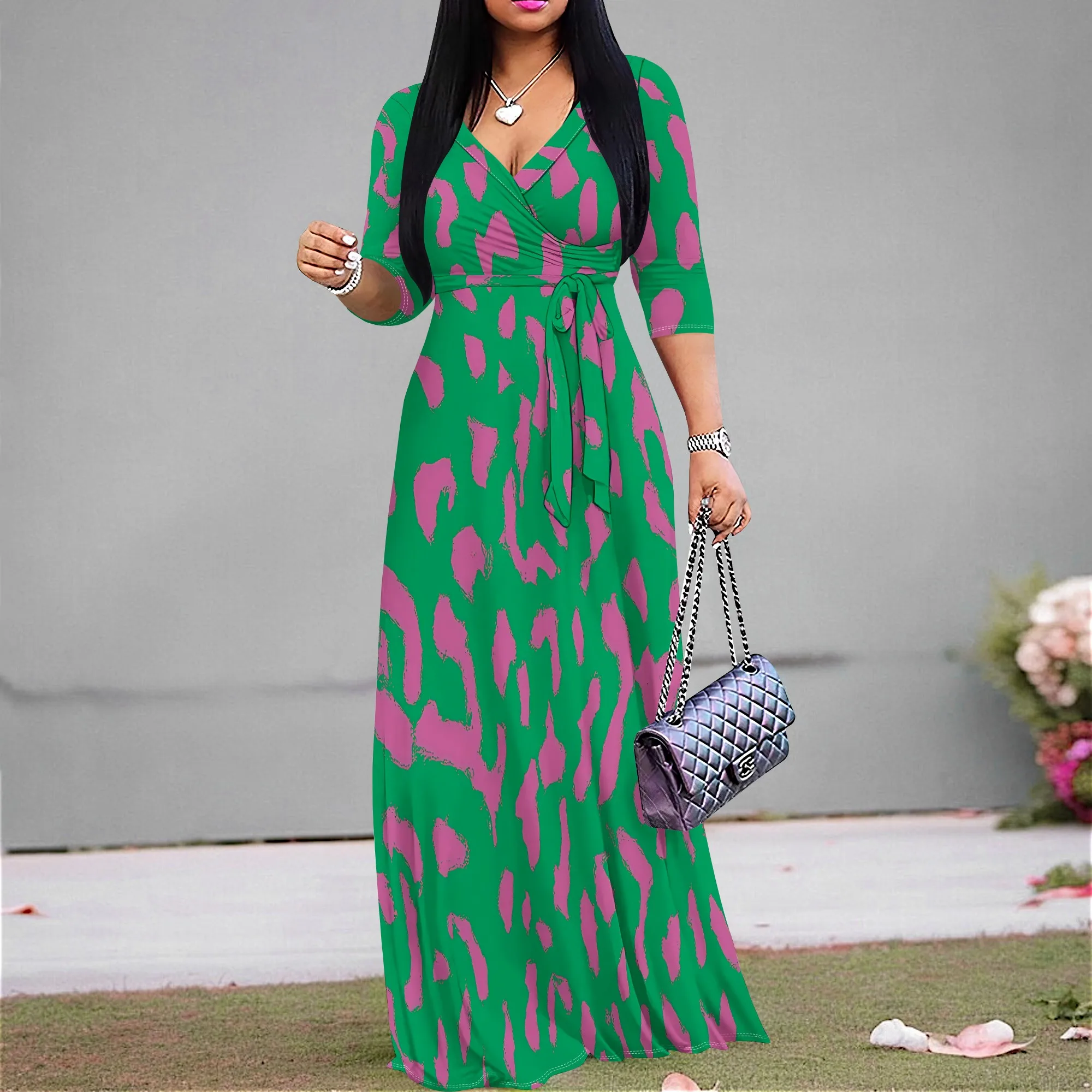 

Green Purple Leopard Print Maxi Dress S‑3XL V‑Neck Wrap Style with Belt & 3/4 Sleeves for Art Show, Summer Party or Street Look