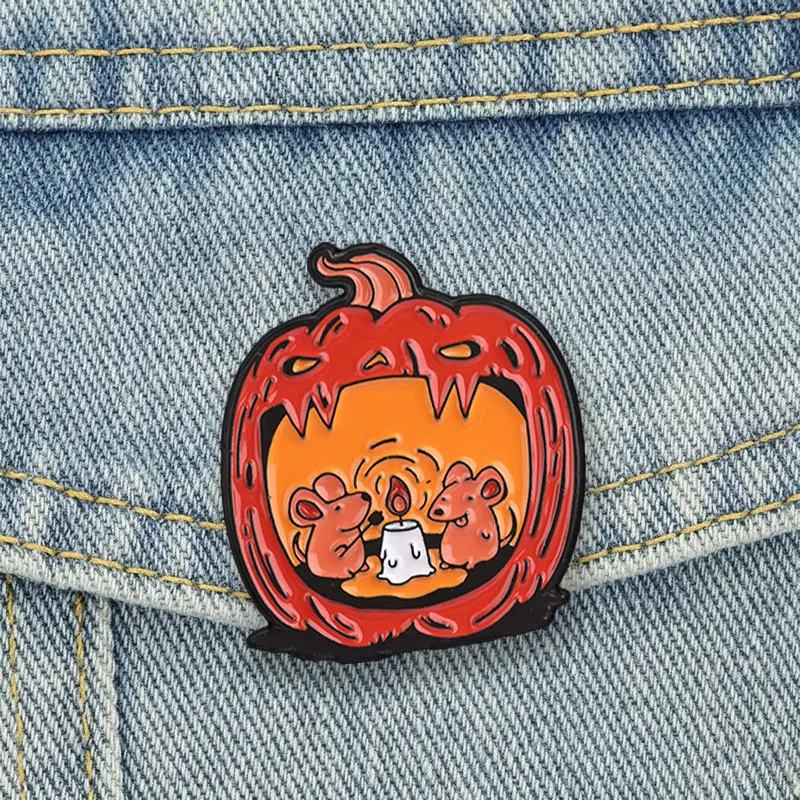 Jack O' Lantern Enamel Pins Halloween Pumpkin Mouse Brooches Creepy Cute Rat Candle Lapel Badges Animal Jewelry Gift for Friends